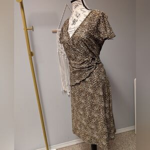 Vintage Y2k Cheetah Jessica Animal Print Midi Dress Wrap Style Flutter Sleeve 10